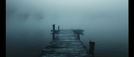 Tafelkleed A foggy dock with a pier and a boat in the water © Gasi
