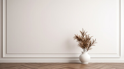 A white vase with brown leaves sits on a wooden floor in a room with white walls. The vase is the only object in the room, giving it a minimalist and simple appearance - obrazy, fototapety, plakaty