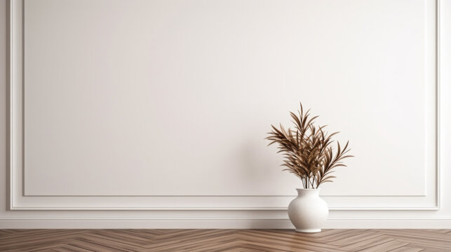 A white vase with brown leaves sits on a wooden floor in a room with white walls. The vase is the only object in the room, giving it a minimalist and simple appearance