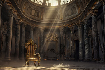 A large room with a golden chair in the center