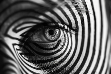 A zebra's eye is shown in a close up, with the stripes of the eye