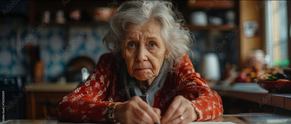 Wall mural Retired, elderly and woman sitting at table. Portrait, senior and mental health concept in the kitchen. Old, depressed and looking. Dark background for mental health and reminiscing about past