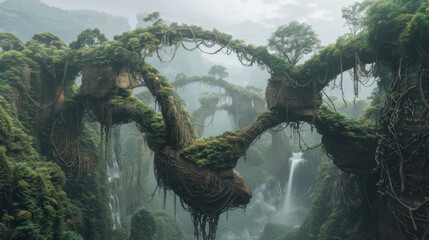 A lush jungle with a bridge made of vines and trees