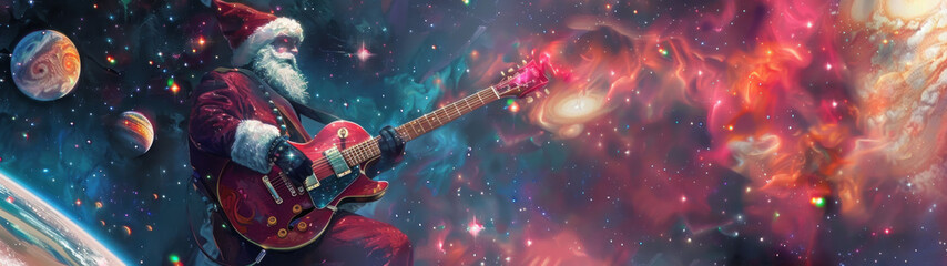 A man dressed as Santa Claus is playing a guitar in space