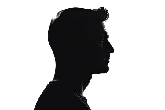 Black silhouette of a regular man's head, centrally positioned, against a pure white background, intended for high-quality stock illustration, stark contrast, minimalist design, clean lines