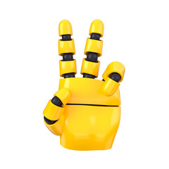 Yellow emoji bot hand show victory or peace gesture. Isolated AI or automated concept. 3d rendering