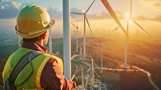  Engineers and workers wearing safety harnesses work on wind turbines in the maintenance of wind power generation