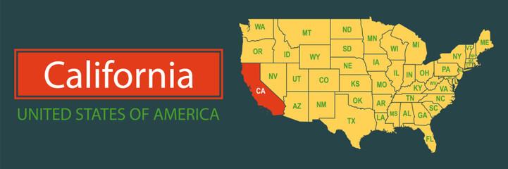 Banner, highlighting the boundaries of the state of California on the map of the United States of America. Vector map borders of the USA California state. - obrazy, fototapety, plakaty