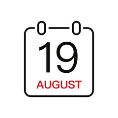 August 19 date on the calendar, vector line stroke icon for user interface. Calendar with date, vector illustration.