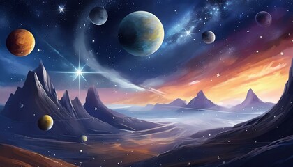 Fototapeta premium Night landscape with planets, Generative AI