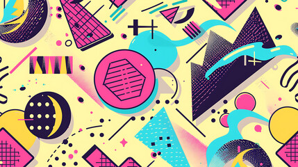 Fototapeta premium Background illustration, Seamless geometric pattern in retro 90s style, handdrawn comic. Background 90s styl. Generative Ai