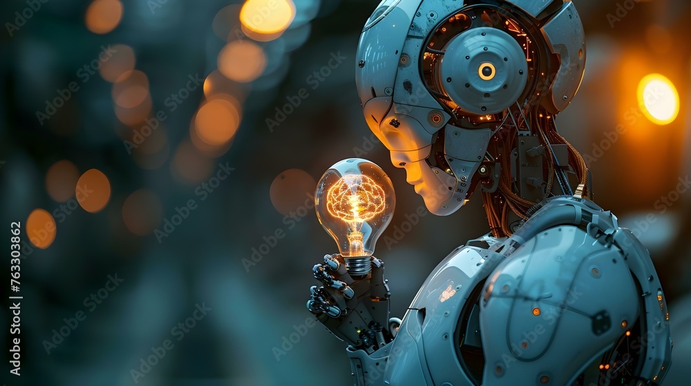Poster a glimpse into the future: human-robot interaction with a brain. concept future technology, human-ro