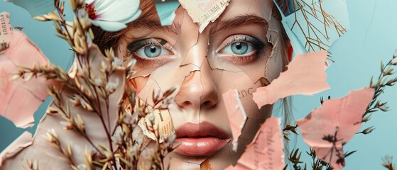 A young woman's portrait composed of different pieces of faces. A modern art collage, featuring a new perspective on beauty, fashion, make-up, and hairstyles.