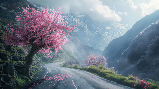 Sakura tree on the side of a mountain road