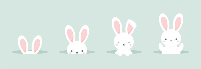 Obraz na płótnie Canvas Set of cute Easter bunnies peeking out of burrows. Flat vector illustration