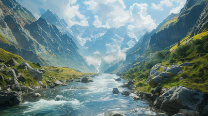 The river is in the middle of the mountains - obrazy, fototapety, plakaty