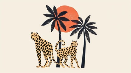 This poster shows leopards, the sun, and palm trees in a boho-inspired scene. It is designed in the style of a mid-century print with a cosmic minimalistic style. An inspiration from classic vintage.
