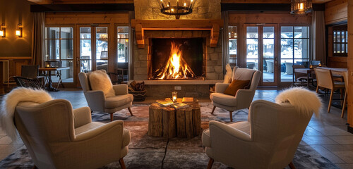 A welcoming hotel lobby featuring comfortable couches grouped around a fireplace, perfect for guests to unwind in