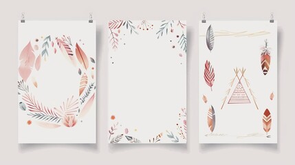 Icon, Flyer, Placard template collection in boho style with wreath, feather, flower, tent, girl and arrow