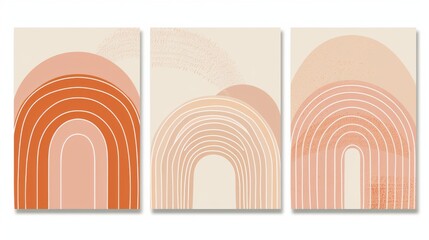 Abstract posters with arches. Boho home decorations with circles and lines in pastel colors. Rainbow wall art.
