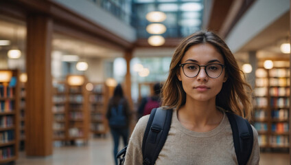 Young attractive female with a backpack walks inside a library. Multiethnic woman strolls in college, office building, or shopping center with a bookshop. - obrazy, fototapety, plakaty