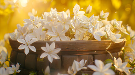 A close-up shot of delicate white flowers arranged in a wooden basket, set against a vibrant yellow spring background, rendered in stunning 3D detail