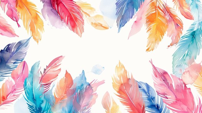 The background of this modern illustration is hand-drawn with colorful watercolor feathers.