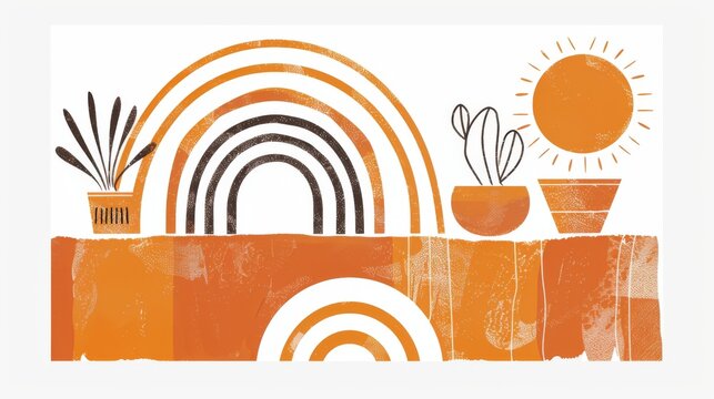 A contemporary geometric print for a bohemian aesthetic interior. An orange wall print with terracotta colors and a sun, rainbow, and clay pot. A contemporary artistic print printable from modern.