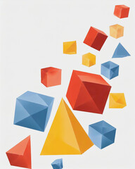 Geometric Shapes, Cubes, Pyramids in Blue, Red and Gold on White Background