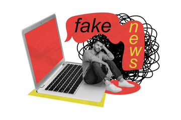 Creative collage picture sitting young man laptop computer fake news drawing doodles opinion control mass media propaganda