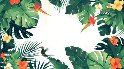 Fototapeta na wymiar A seamless tropical pattern of exotic leaves and flowers on geometric ornaments. Modern background of paradise bird flowers and rhombuses.