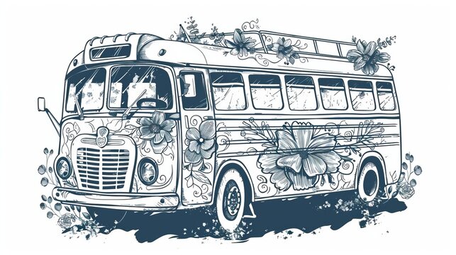 Drawing outline of retro bus decorated with ornaments in front view. Modern illustration. Boho style floral ornament. Sketch for tattoo or print.