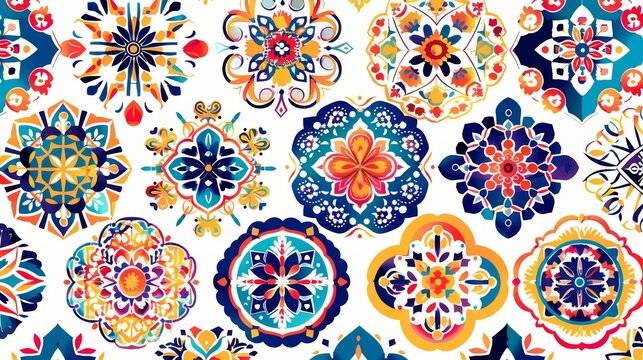 Oriental tile seamless pattern. Colorful floral patchwork background. Mandala boho chic style. Hexagon design elements. Portuguese Moroccan motif. Unusual flourish print.