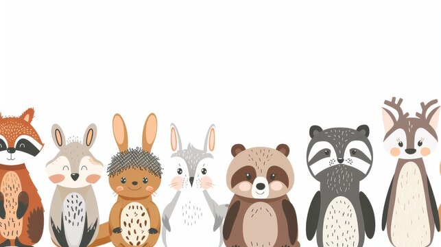 Boho woodland characters. Cute forest animals with bears, foxes, raccoons, hedgehogs, penguins, deer, rabbits, owls, and squirrels. Modern illustration.