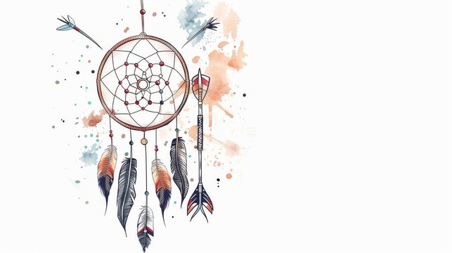 Modern hand drawn hipster illustration of a dreamcatcher with feathers and an arrow. Boho design, tattoo art, and coloring book for adults.