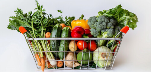 Fresh vegetables in a shopping cart isolated on a white background
