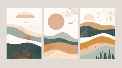 Boho wall decor. Mid century modern minimalist art print. Flat abstract design. Abstract contemporary aesthetic backgrounds landscapes set with Sun, Moon, sea, mountains. Earth tones, pastel colors.