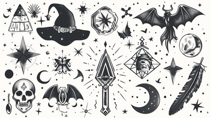 Witchcraft symbols. Modern design elements set. Hand drawn, doodle, sketch magician collection.