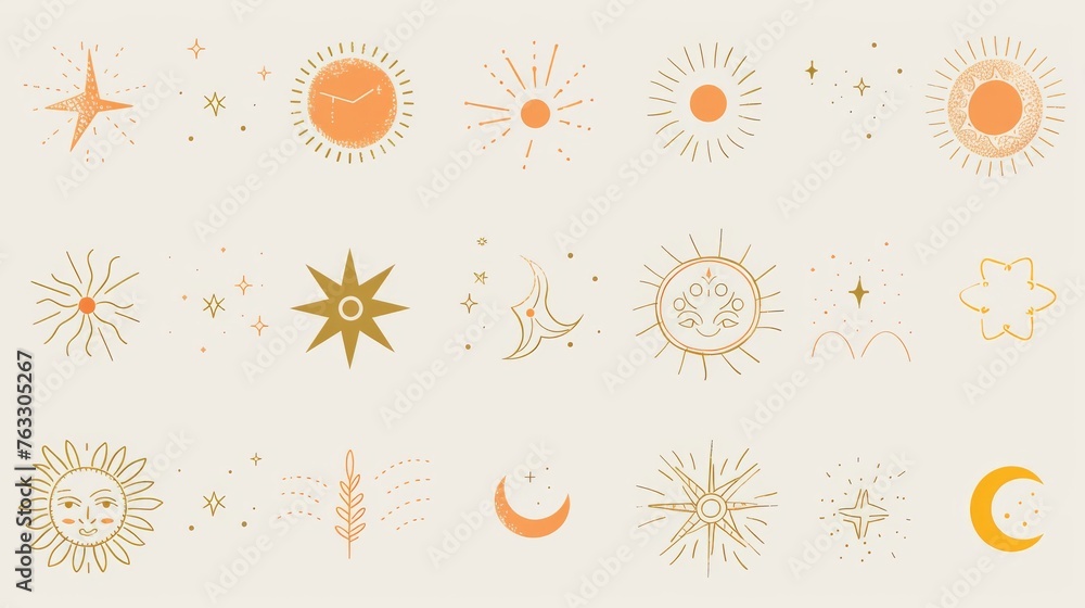 Poster boho linear icons and symbols for social media posts and stories. abstract design elements for artis