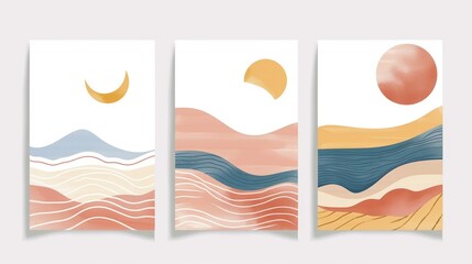 Modern abstract boho posters for backgrounds, covers, wallpapers, prints, cards, wall decor, social media, stories, branding. Landscapes, sun, moon, sea, lines, balance shapes.