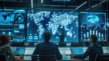 Casual business meeting, relaxed attire, with digital screens displaying futuristic graphs
