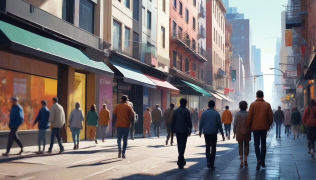Crowd in the middle of the city walking through crowded streets. Generative AI.