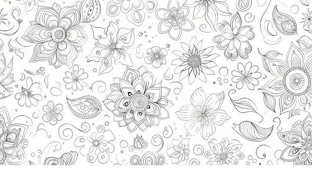 This is a seamless modern pattern with hand drawn flower patterns in the style of Paisley Gardens