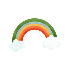 Watercolor rainbow with clouds. Hand drawn illustration isolated on white background.