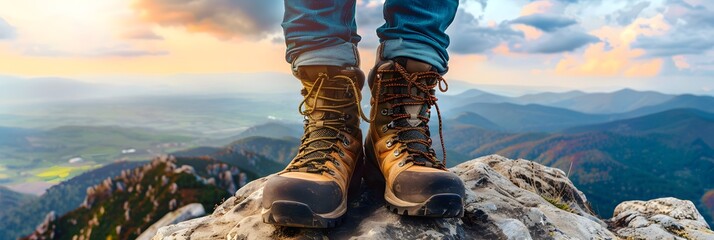 Hiker Resting on Top of High Hill or Rock, Sporting Hiking Shoes, Amidst Adventure Nature Landscape Panorama - obrazy, fototapety, plakaty