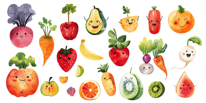 lively fruits and vegetables in watercolor vectors, infusing a sense of joy and playfulness into the realm of healthy eating.