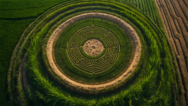 Photo real with nature theme for Agricultural Art concept as Crop circles and agricultural art visible only from a birds-eye perspective  ,Full depth of field, clean light, high quality ,include copy 
