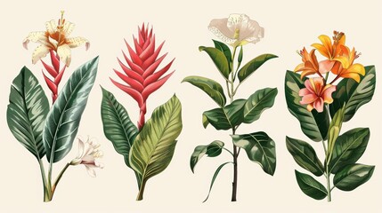 Modern vintage illustration of exotic flowers. Colorful design elements. - obrazy, fototapety, plakaty