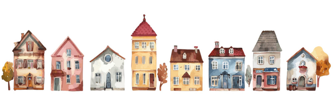 An enchanting watercolor illustration showcasing a row of European-style townhouses, each painted in a unique color scheme with delightful architectural details.
