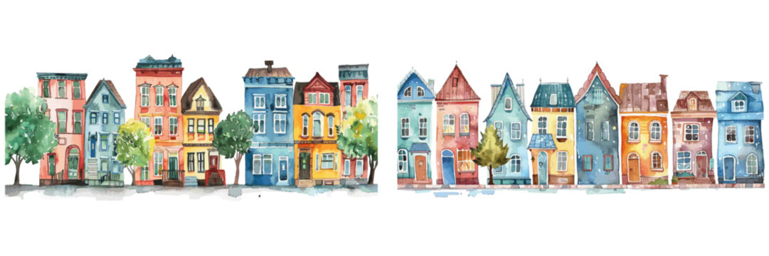 A charming watercolor painting featuring a row of colorful, whimsical houses with trees, evoking a storybook neighborhood vibe.
